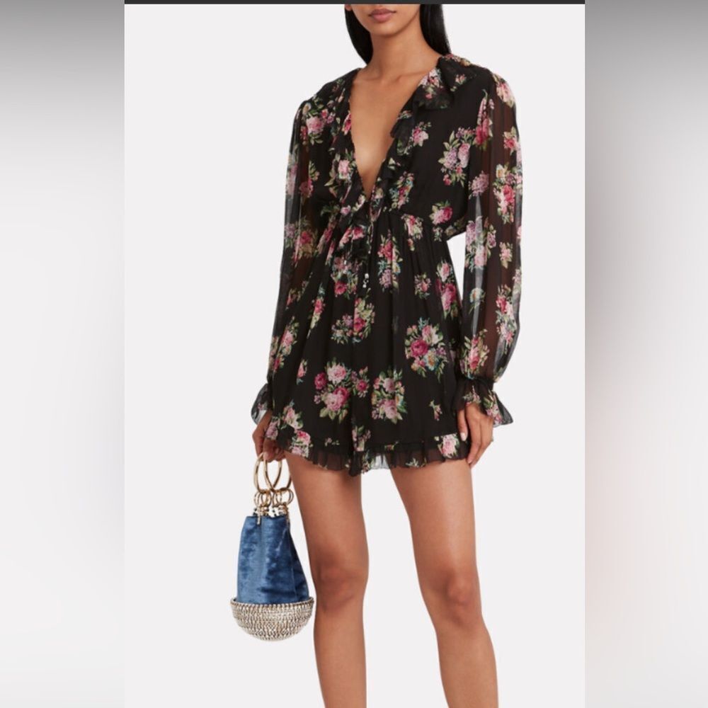 Zimmermann Black Floral silk Long Sleeve romper, S